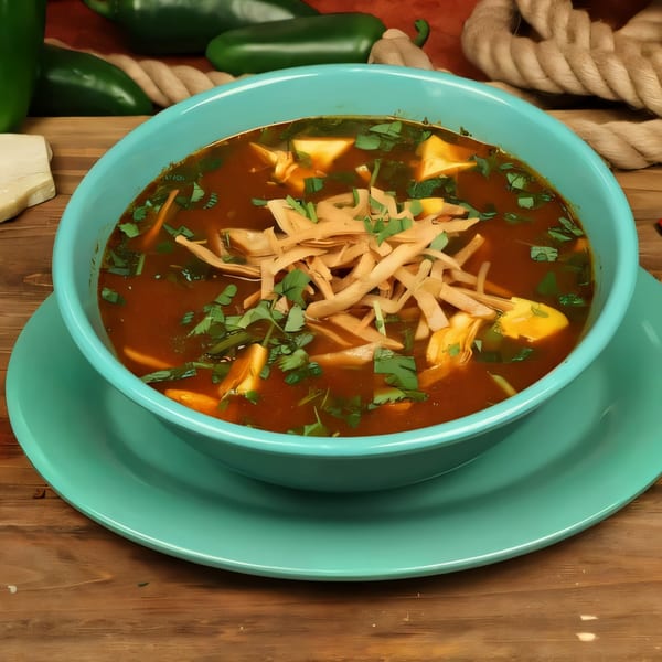 Chilitos Mexican Grill's tortilla soup, garnished with tortilla strips, cilantro, and cheese in a teal bowl.