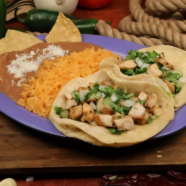 Chilitos Mexican Grill's chicken tacos with rice, beans, and tortilla chips on a purple plate.