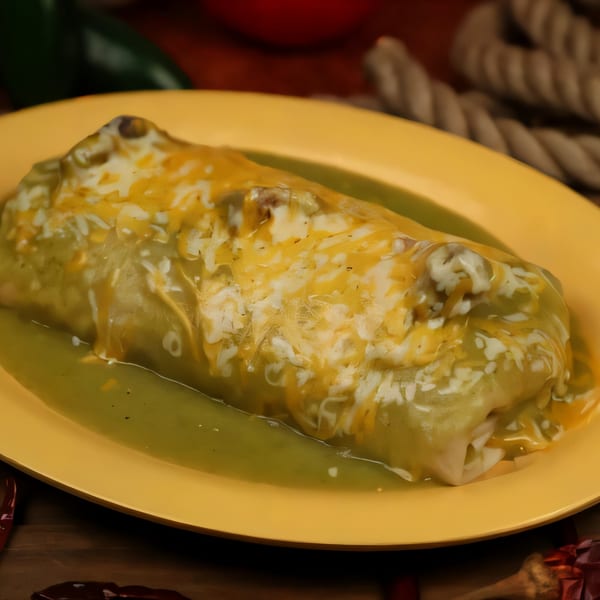 A large, cheesy Chilitos Mexican Grill burrito covered in green sauce on a yellow plate.